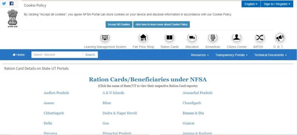 Ration Card Details on State Portals